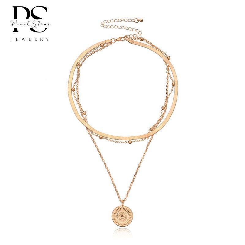 Dainty Snake Chain Chokers Necklace Layered Sunflower Coin Pendant Necklace Jewelry Gift for Women and Girls