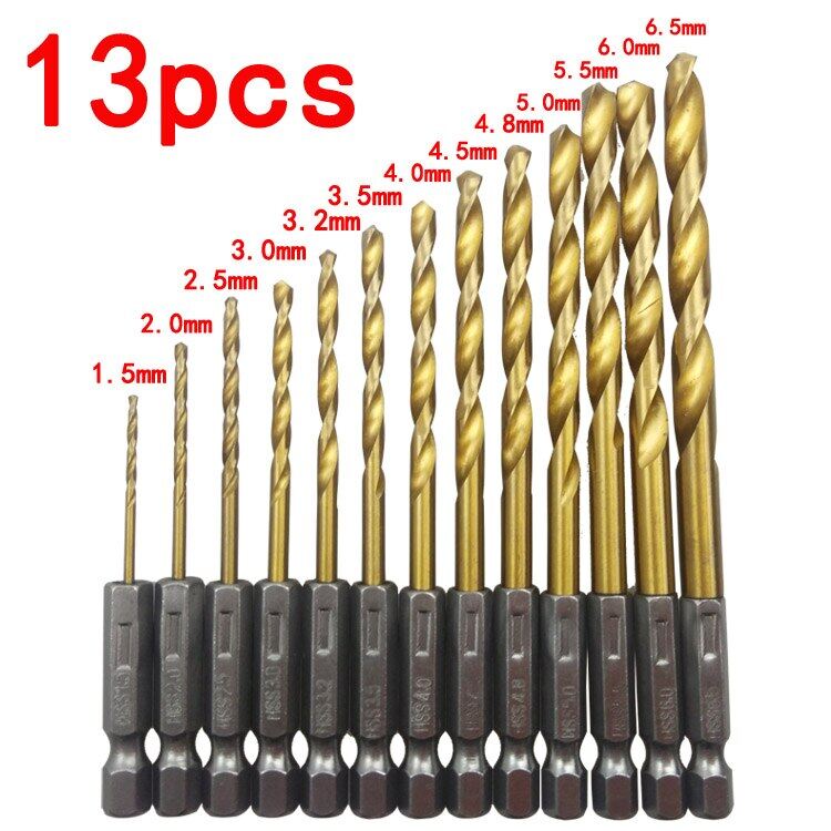 13Pc HSS High Speed Steel Titanium Coated Drill Bit Set 1/4 Hex Shank 1.5mm-6.5mm Hexagonal Handle Twist Drill Woodworking Tools