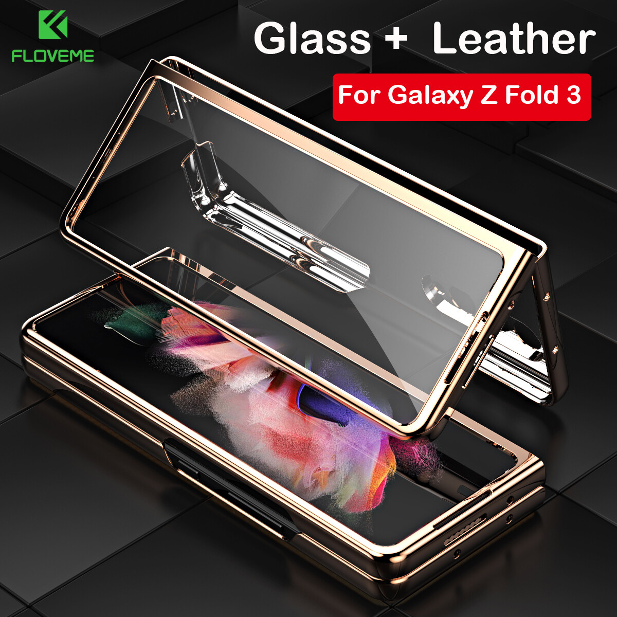FLOVEME 360 Full-Body Screen Protector Case for Samsung Galaxy Z Fold 3 5G PU Leather Shell Tempered Glass Cover for Samsung Galaxy Z Fold 3 Shockproof Protective Case