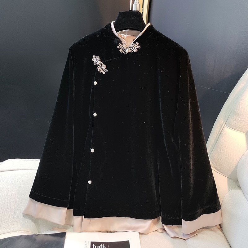 Áo khoác nữ mới cổ điển phong cách Trung Quốc Clasp nhung áo tay dài cổ điển màu đen