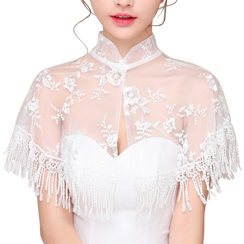 Women Small Cardigan Shrug Elegant Mesh Lace Cape Ladies Shawl Wedding Bolero High Neck Jacket Floral Lace Tassel Bridal Wraps Cape