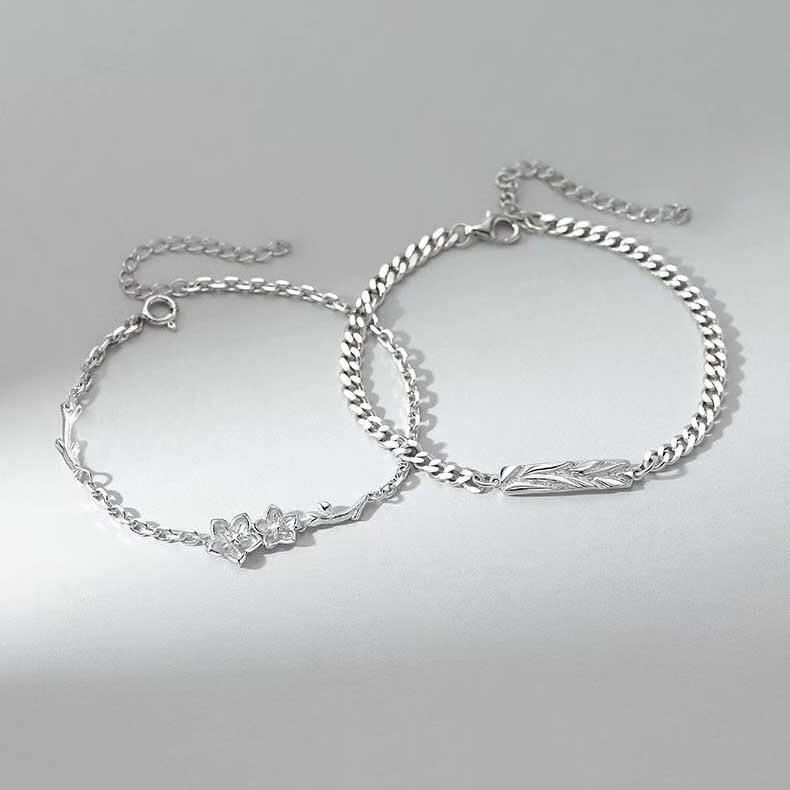 Thanh lịch phong cách đơn giản quên-me-không hoa mặt dây chuyền hình lá Bangles titan bạc thép nam nữ thời trang đôi trang sức vòng đeo tay