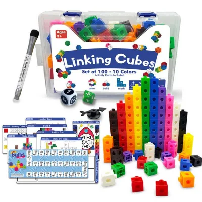 Moulty Linking Math Cubes with Activity Cards Set, Number Blocks Counting Toys Snap Linking Cube Math Counters for Kids Kindergarten Learning Activities, Math Cubes Manipulatives, 100 Pieces, Ages 3+