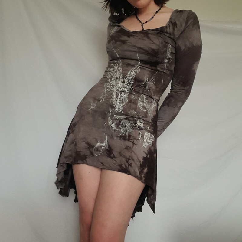 Moderntime Vintage Fairycore Dress Butterfly Printing Grunge Mini Bodycon Dress Women Mid-waist Long Sleeve Dress Harajuku 90s Party