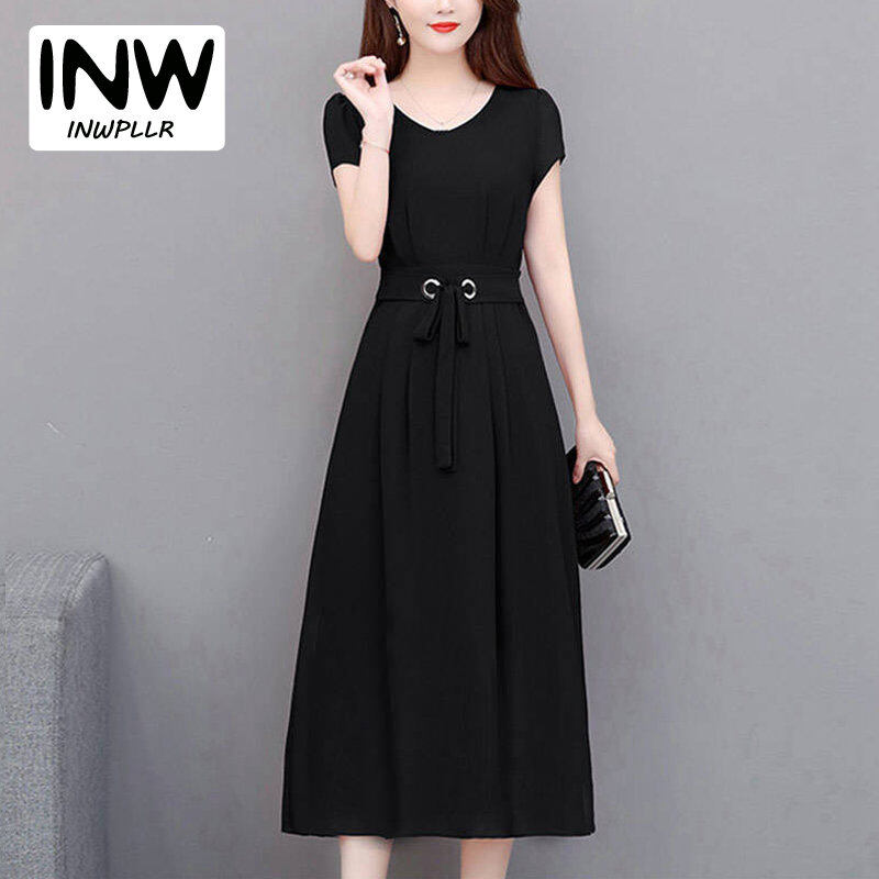 INWPLLR Fashion Long Dresses For Women Korean Slim A-line Dress Classic Short Sleeve Round Neck Dress Lady Plus Size Plain Dresses