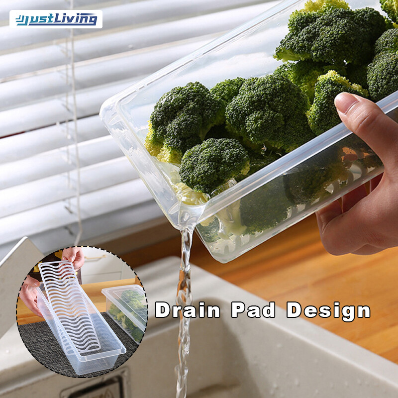 JustLiving Kitchen Rectangular Refrigerator Drainage Storage Box Plastic Fruit Box Food Sealed Frozen Storage
