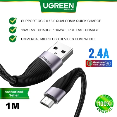 UGREEN Micro USB to USB A 2.0 Cable 2.4A 18W QC Qualcomm 3.0 Quick Charge Fast Charging Wire Data Transfer Nylon Braid MicroUSB Micro-USB Samsung Huawei Oppo Vivo Xiaomi Realme Smartphone Mobile Tablet Powerbank 1 2 Meter