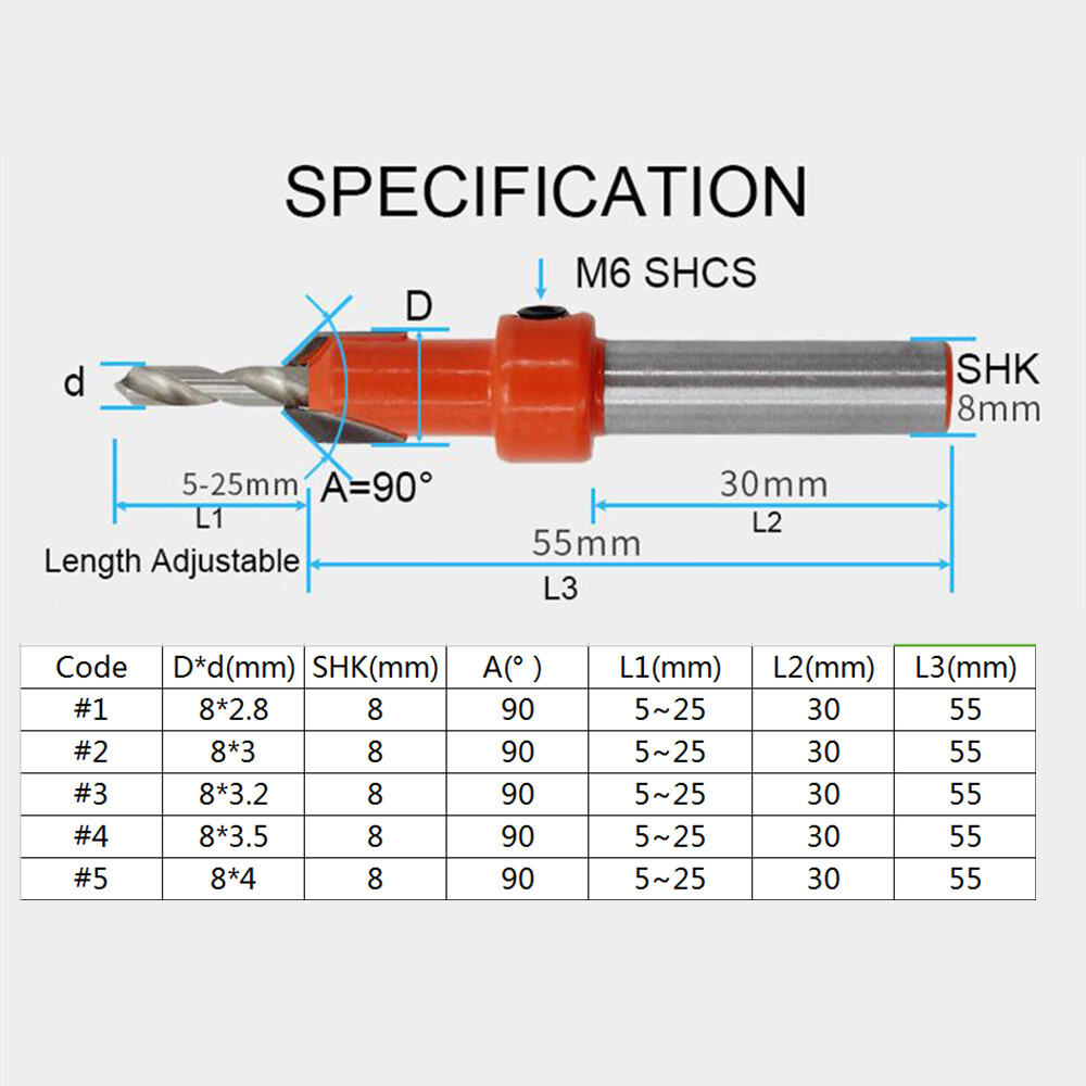 5 Cái Mũi Khoan Khoét Lỗ Vít Chế Biến Gỗ, Mũi Khoan Lỗ Gỗ Vát Cạnh Với Chìa Khóa Lục Giác