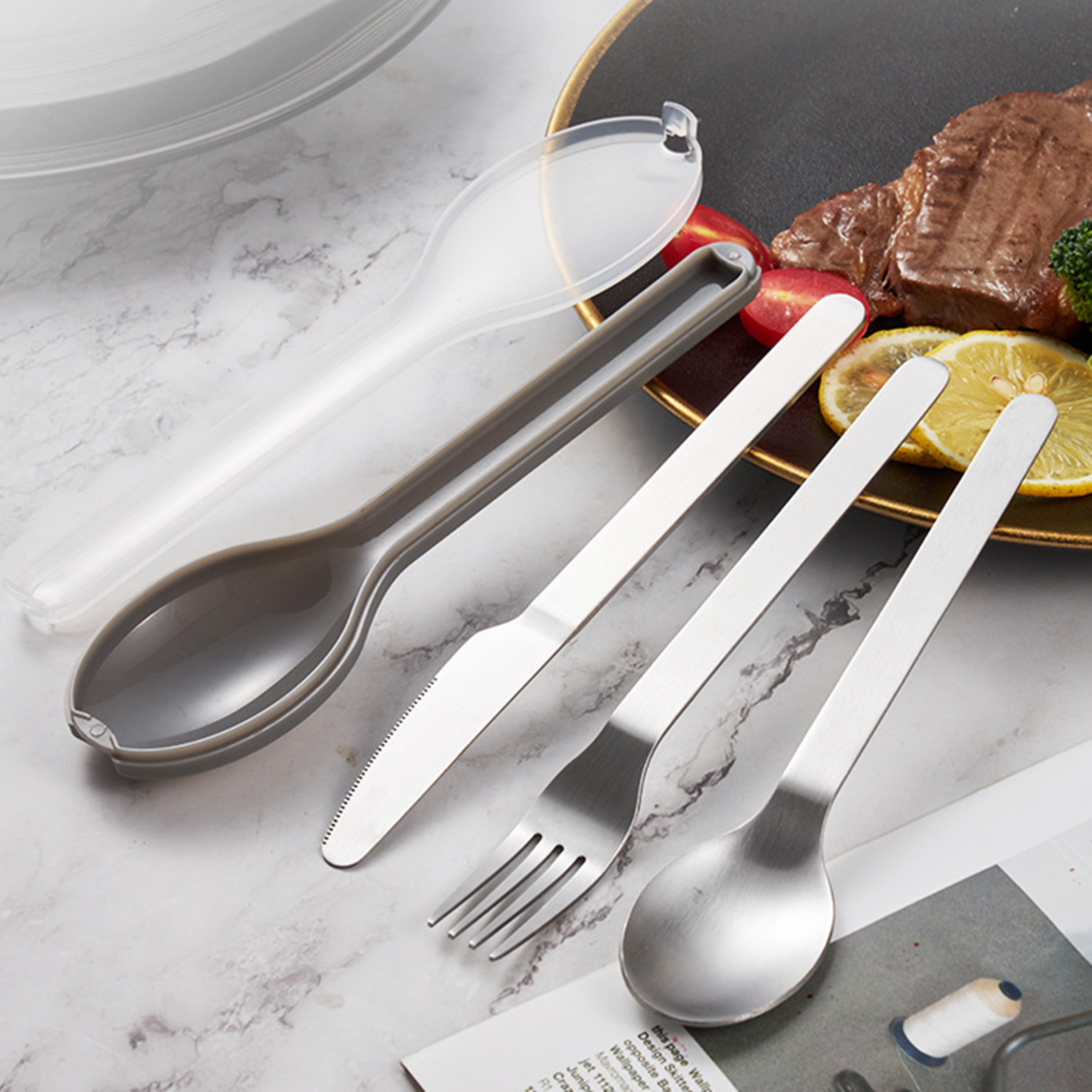 Sanwood® 1 Set Cutlery Set Rustproof Non-slip Stainless Steel Long Handle Spoon Fork Cutter Tableware Set for Camping Cutlery Set Rustproof