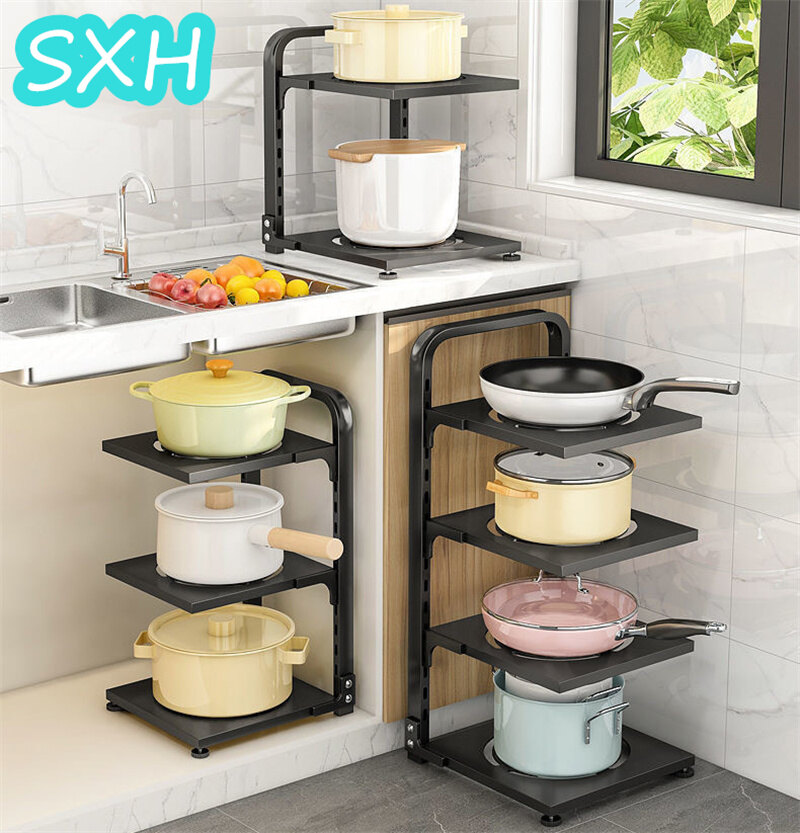 SXH Kitchen Pot Rack Rack New Multi-Layer Adjustable Sink Cabinet Inner Corner Countertop Dish Storage Rack Kitchen Organizers