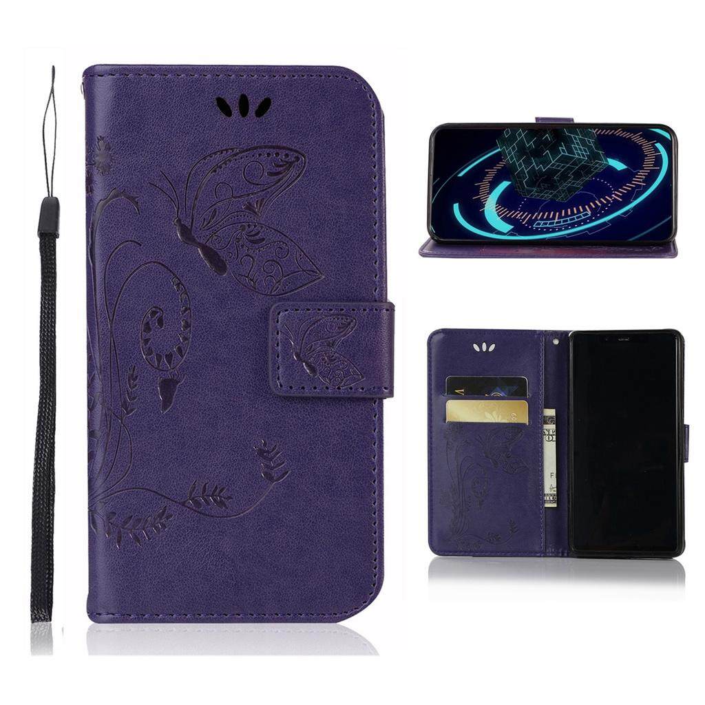 Gaya Lipat Baru Kepribadian Fashion Embossing Papillon Sarung Telepon Berpola (Pu Kulit dan Tpu) tombol Fungsi Dudukan Perlindungan Warna Solid Dompet Lembut Casing Ponsel dengan Sling untuk Samsung Galaxy J4 + (6.0