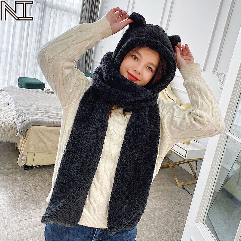 NI women's hats and scarves Korean thickened warm scarf hat plush lamb wool bear ears