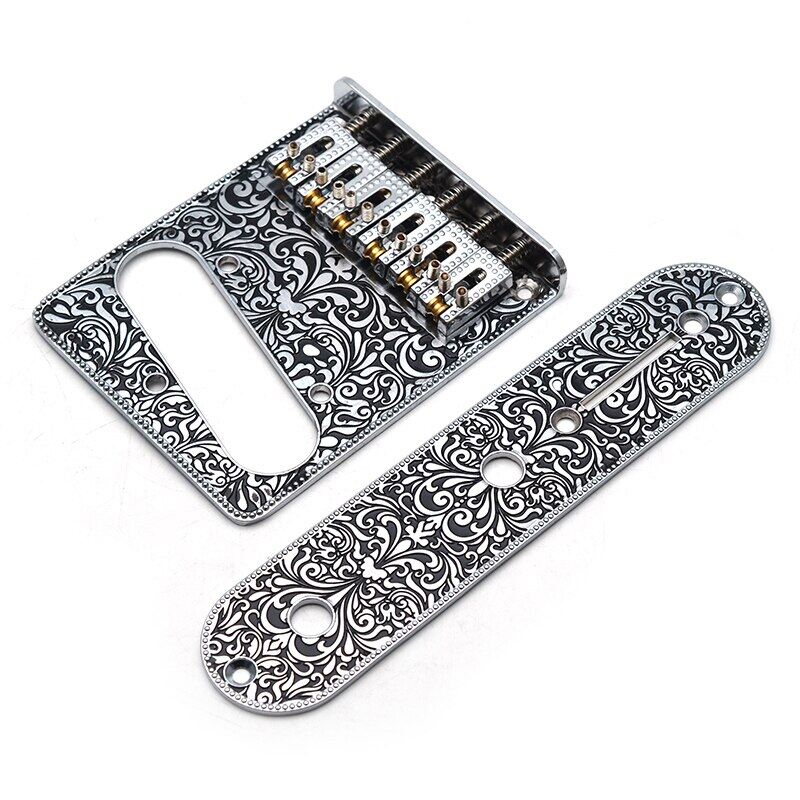 6 String Roller Saddle Bridge and Control Plate  for TL Electric Guitar with Carving Decorative Pattern Strings Through Bridge