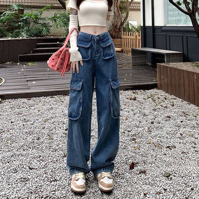 New girls American retro design sense multiplayer denim trousers women's straight pants wide leg work pants tide ins