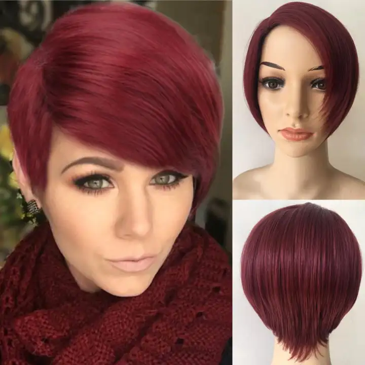 Synthetic Short Straight Red Wine Color Natural Hair Women Wig