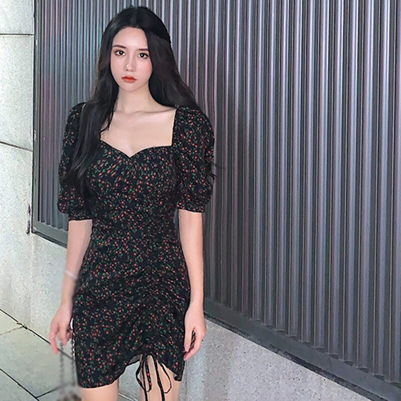 Women's Korean Square Neck Flower Print Slim Sweet Short Sleeves ...