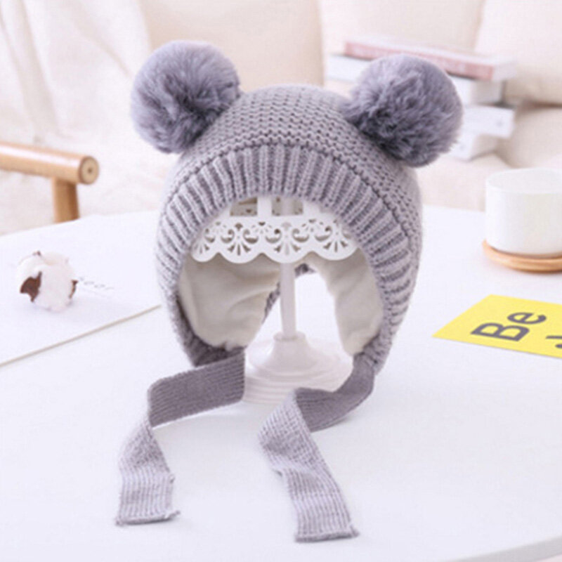 I LOVE DADDY&MUMMY Double Pompom Baby Hat Beanie Knitted Winter Warm Infant Baby Boy Girl Hat Cap Ear Protection Kids Hats Children Beanies