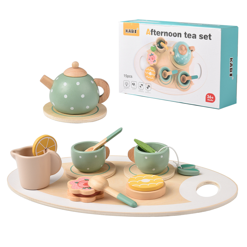 Kids Wooden Tea Service Tea Set with Teapots, Tray, Dessert, Tea Party Role Play Playware, Gift for Kids Girls 3 4 5 Years, Green