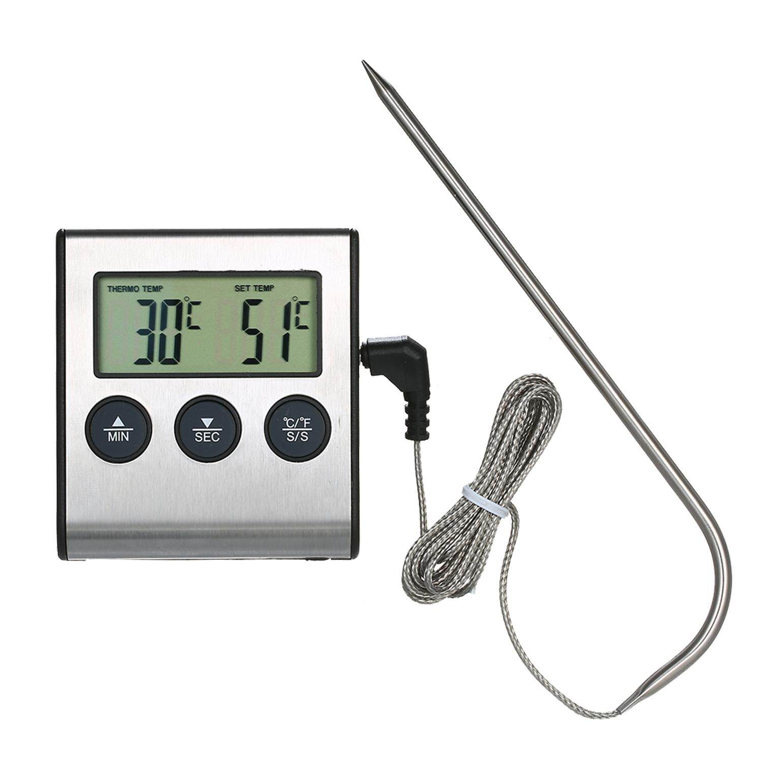 BBQ Grill Thermometer Food Thermometer 0~250°C Food Cooking Thermometer with Alarm Timer Function LCD Digital Food Temperature Gauge for Kitchen BBQ Steak Barbecue