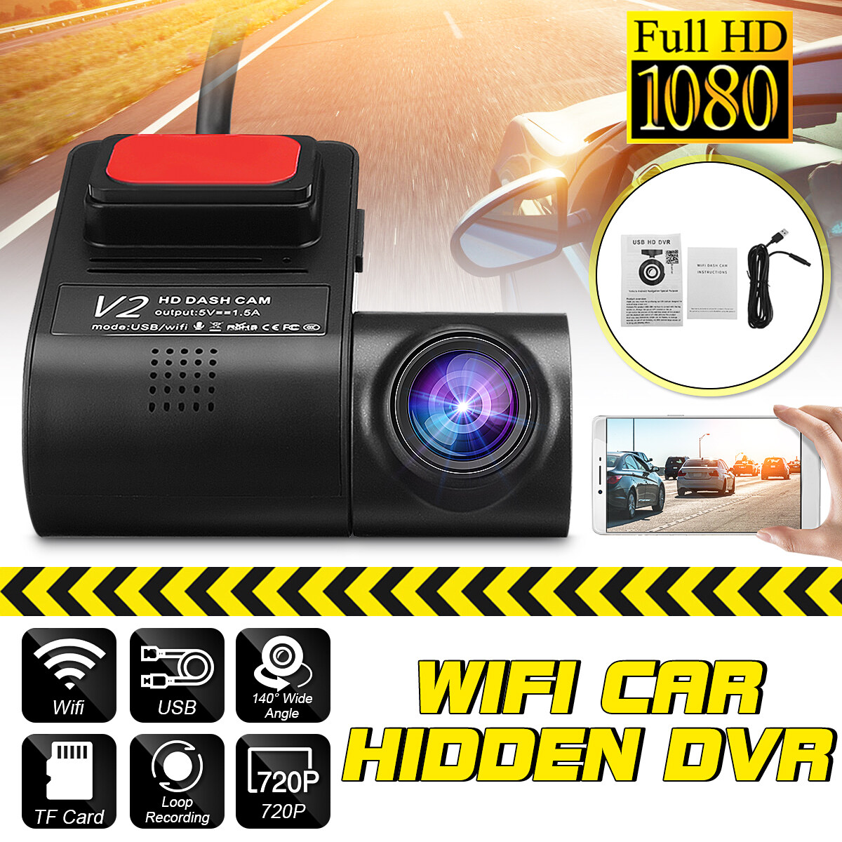 Black 720P HD USB 140° Single Lens Car Front Camera Video Recorder DVR Dash Cam 