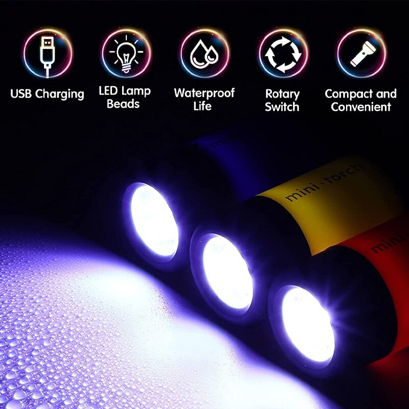 Romahome xách tay đèn pin mini có thể sạc qua USB Móc treo chìa khóa ánh sáng ngoài trời ba lô cắm trại công cụ đi bộ đường dài