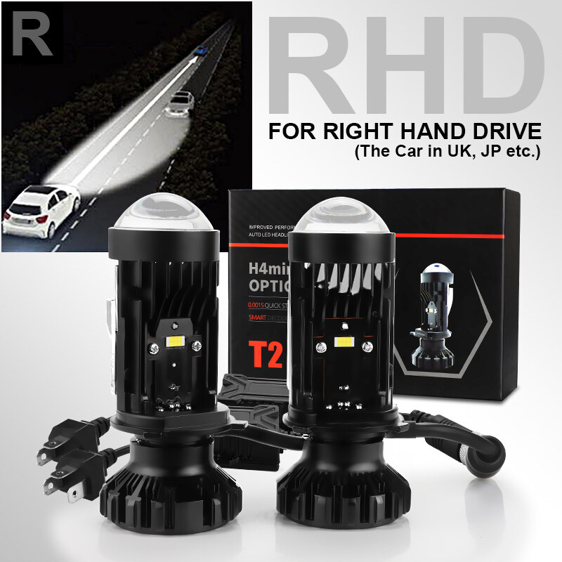 Brand new t2 h4 led headlights car h4 mini projector lens 6000k dc9-32v high low beam auto led lights