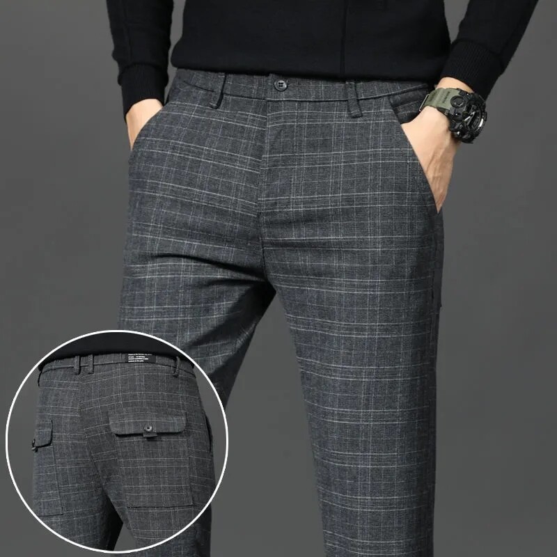 SONIX Men's Casual Plaid Pants Slim Fit Cotton Long Chinos Checked Trousers