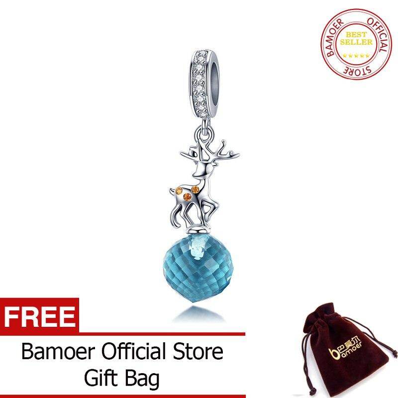 BAMOER Real 925 Sterling Silver Christmas Deer Lovely Elk Pendant Blue Crystal Charms Fit Bracelets & Necklaces Jewelry SCC1010 Dec