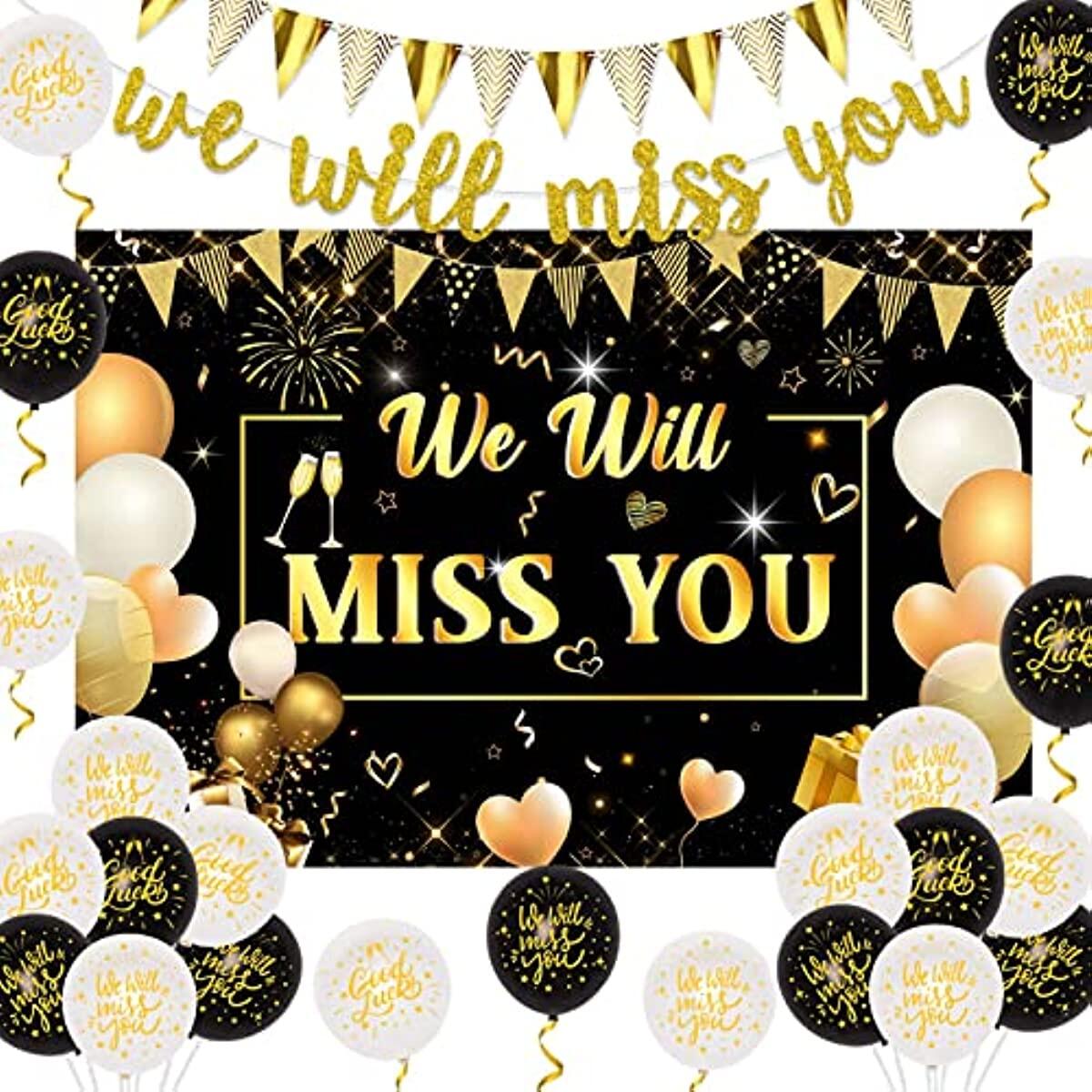 JOYMEMO We Will Miss You Decorations Black and Gold We Will Miss You Backdrop Banner Good Luck Printed Balloons Gold Triangle Flag Banner for Going Away Farewell Retirement Graduation Party Decorations