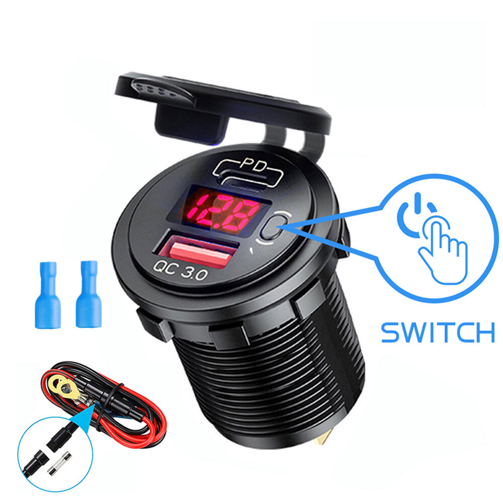 Kebidumei Quick Charge 3.0 USB Car Charger Socket Digital Display Voltmeter USB Charger Socket With ON OFF Switch For Car Motorcycle