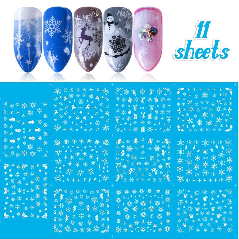 11 Sheets/set 3D Nail Sticker Christmas Theme Pattern Mixed Deer/Snowflake Nail Tips DIY Decoration Sticker White Blue Xmas Reindeer Feather Self-adhesive