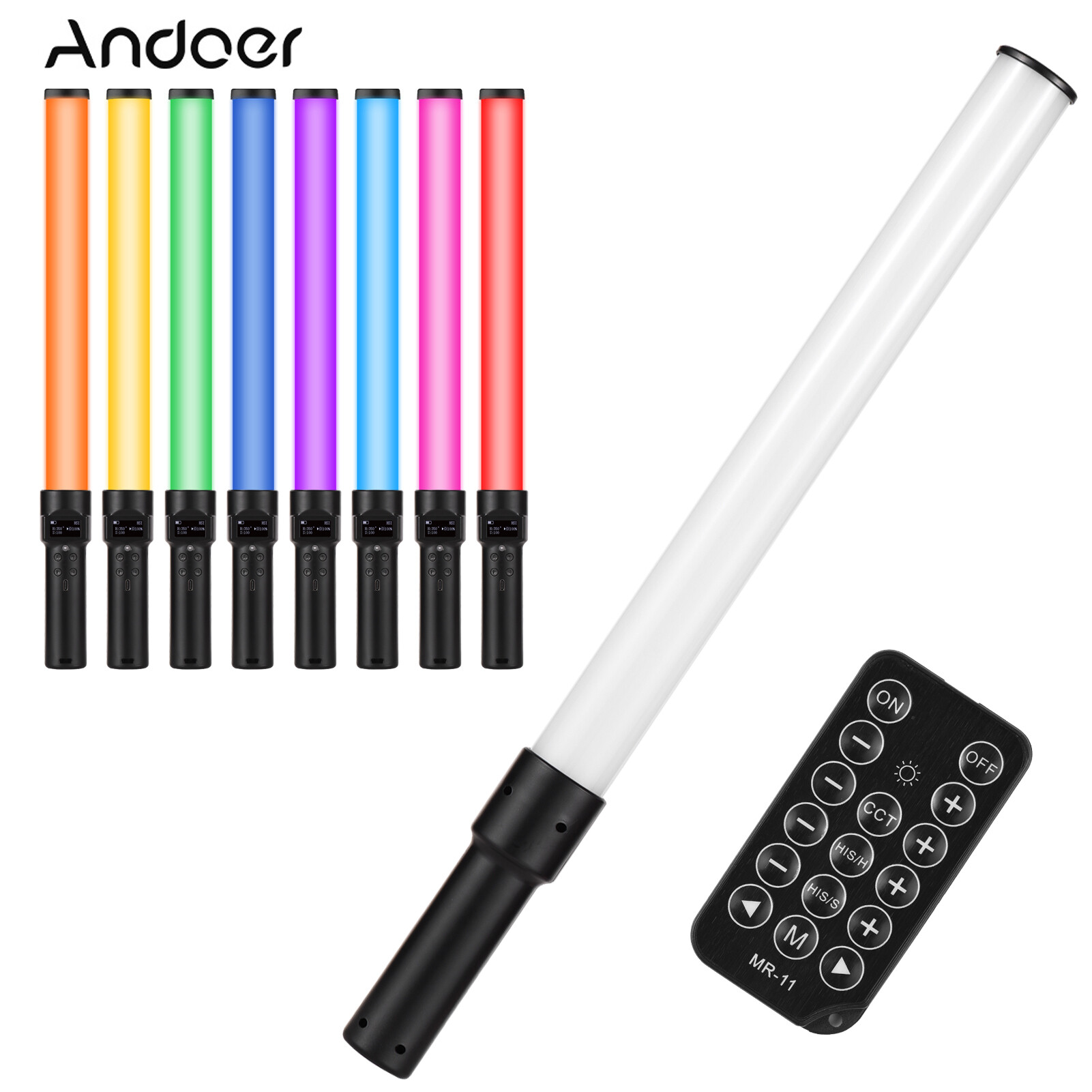 Andoer D3 Handheld RGB Light Tube LED Video Light Wand 2500K-9900K Dimmable 21 Lighting Scene Effects Built-in Batt-ery with LCD Screen Remote Control for Vlog Live Streaming Product Portrait Photography