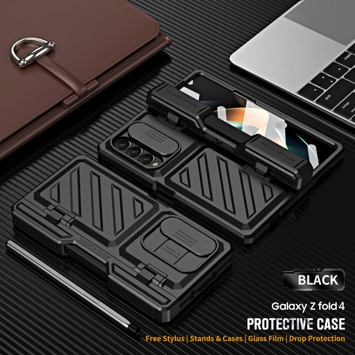Shockproof Armor Case for Samsung Galaxy Z FOLD 4 5 Case Z Fold5 Case Kickstand+Sliding Camera Lens Protector+ Pencil Holder Shockproof Cover Case For Samsung Z Fold 4 5 Cases Full Armor Rotating Pen Slot For Z Fold4 Fold5 Case With Screen Glass Film
