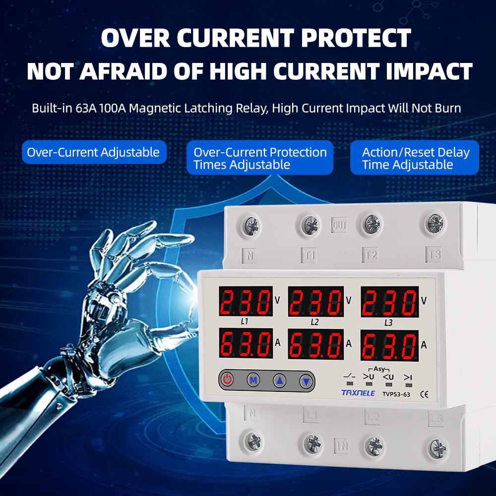 Three Phase Voltage Current Relay Protector 100A 63A 220V 380V 3P Over Under Voltage Relay Current Limiter Adjustable Protect