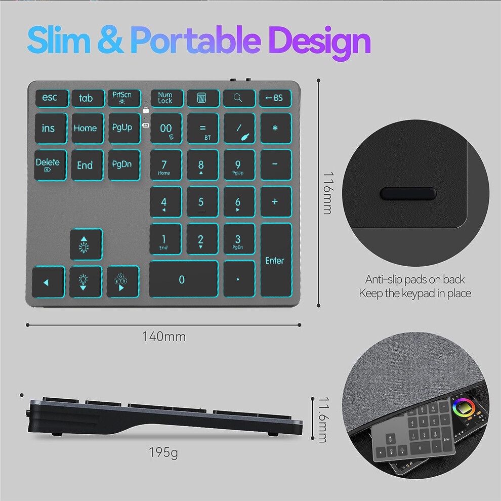 Jomaa đèn nền RGB bluetooth Bàn phím số Backlit Bàn phím số bluetooth không dây cho máy tính bảng máy tính xách tay Macbook iPad PC 34 phím có thể sạc lại số kỹ thuật số bàn phím cho kế toán IOS