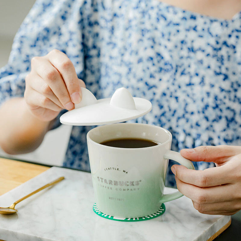 Ceramic Cup Starbuck 345ml Gradient Macarone Green Mug with Lid Spoon Desktop Cup Water Cup