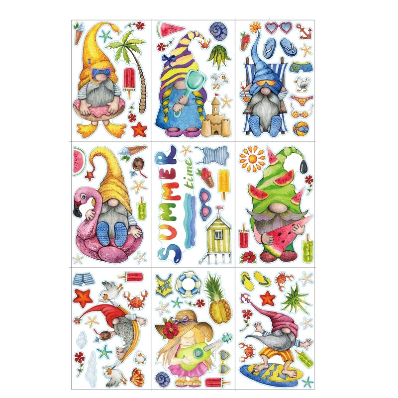 9pcs Summer Gnome Window Clings DIY Cartoon Faceless for Doll Wall Sticker Glass Static Decals Wallpaper Home Decoration