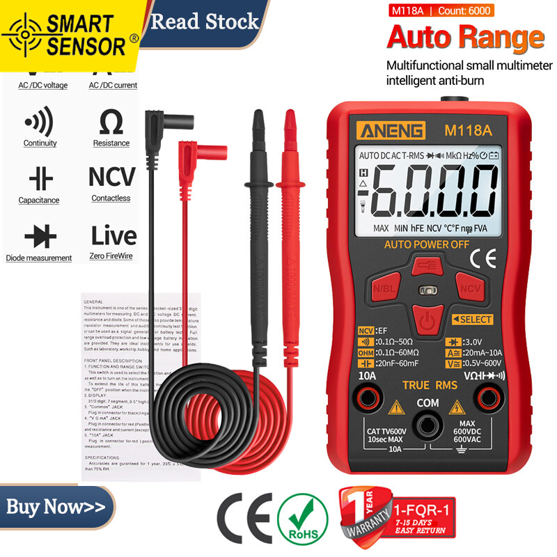 Smart Sensor M118A Auto Ranging Digital Multimeter High-Accuracy TRMS 6000 Counts Voltage Current Ohm Capacitance Diode Multi Tester