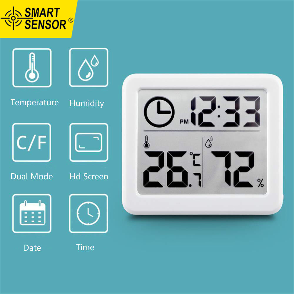 SMART SENSOR Digital Hygrometer Electronic Time Temperature Humidity Meters Gauge LCD Display Backlight Indoor Ther-mometer Hygrometer with Bracket Sticker for Greenhouse Garden Cellar
