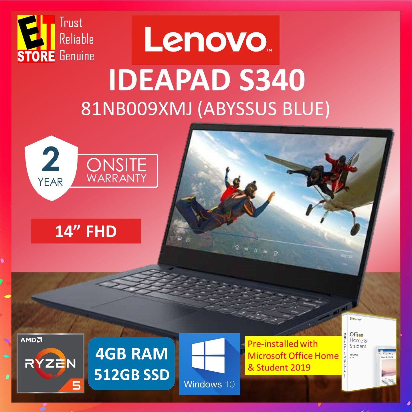 LENOVO IDEAPAD S340 81NB0081MJ / 81NB009XMJ (RYZEN 5-3500/ 4GB /512GB SSD /14 FHD /W10 /OFF HOME & STUDENT 2019 /2YRS) Malaysia