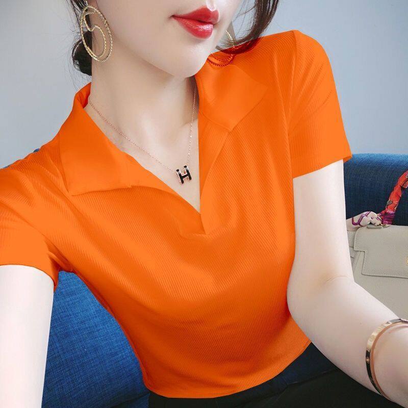 Áo Thun Ngắn Tay Bằng Lụa Lạnh Mới Mùa Hè 2021 Áo Khoác Mặc Lót Cổ POLO Học Sinh Hàn Quốc Dáng Rộng Cỡ Lớn Cho Nữ