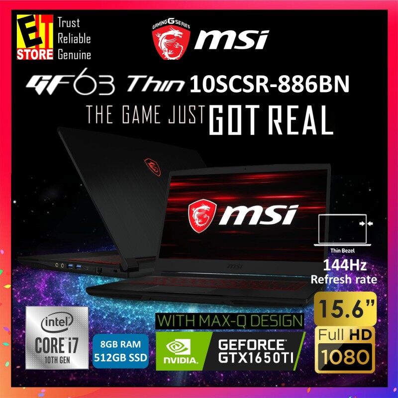 MSI GF63 THIN 10SCSR-886 GAMING LAPTOP ( i7-10750H+HM470/8GB/512GB SSD/15.6 FHD/4GB GTX1650 TI MAXQ/W10/2YRS) + BACKPACK Malaysia