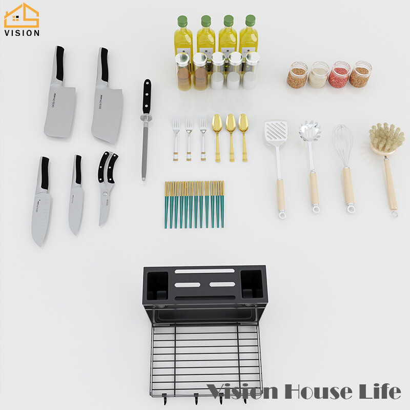 Vision Wall Mounted Kitchen Storage Rack Foldable Seasoning Rack Hole Free Rest Holder Multifunctional Chopsticks Barrel Chopping Board Storage Rack Tableware Storage Shelf