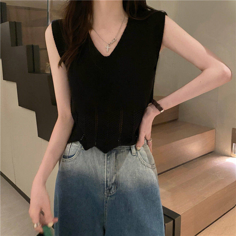 Women V-neck Knitted Vest Hollow Top T-shirt