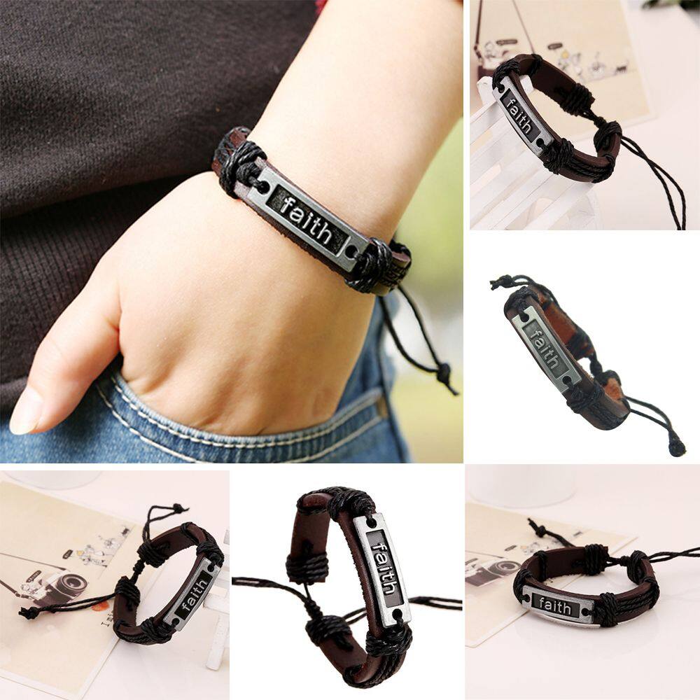 TANTUANG Retro Jewelry Unisex Punk Alloy Rope Chain Genuine Leather Wristband Faith Bracelet Braided Bangle