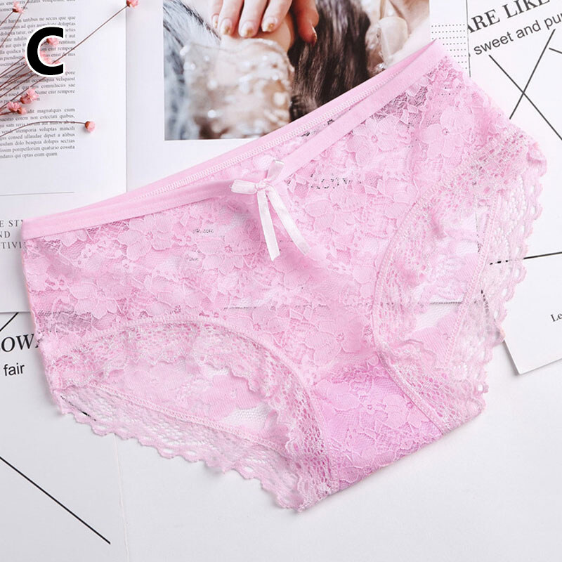 Women's Bowknot Lace Panties Sexy Hollow Out Solid Color Flower Mesh Briefs Underwear Low-Waist