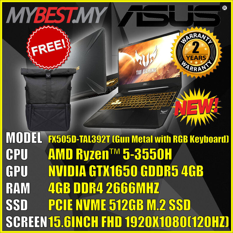 ASUS TUF FX505D-TAL392T GAMING LAPTOP (R5-3550H/ 4GB DDR4 2666/ 512G PCIE NVME SSD/ GTX1650 GDDR5 4GB/ 15.6 FHD IPS 120Hz / 802.11ac 2*2/ Win 10 Home/ 48WHrs/ TUF Gaming Backpack/ All-Zone RGB Keyboard + Long Battery Life (Up to 8hrs) ) Malaysia