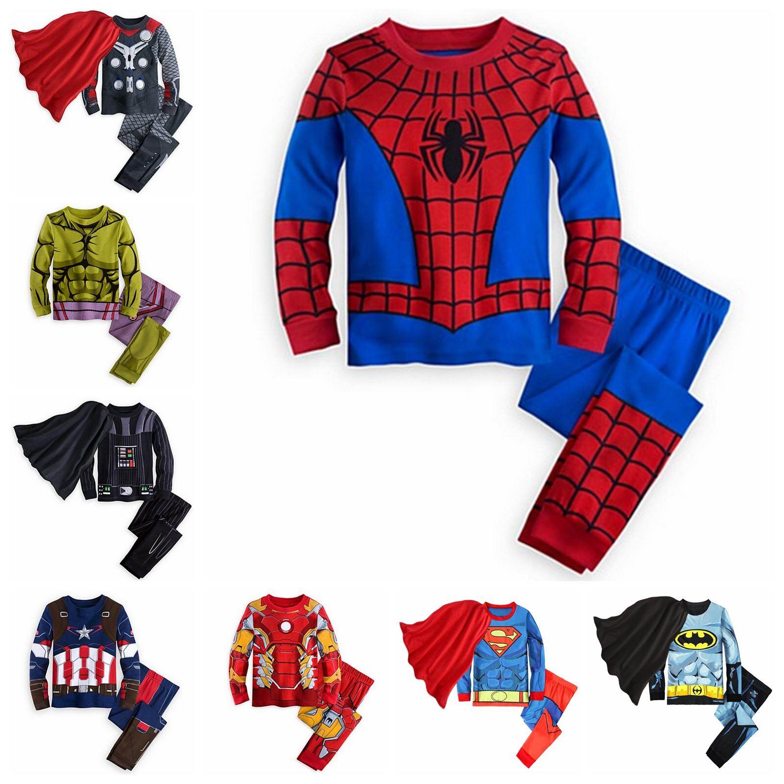 2PCS Baby Boys Sleepwear Sets Kids Cartoon Print Long Sleeve Superhero Pajamas Cosplay Costume Soft Homewear