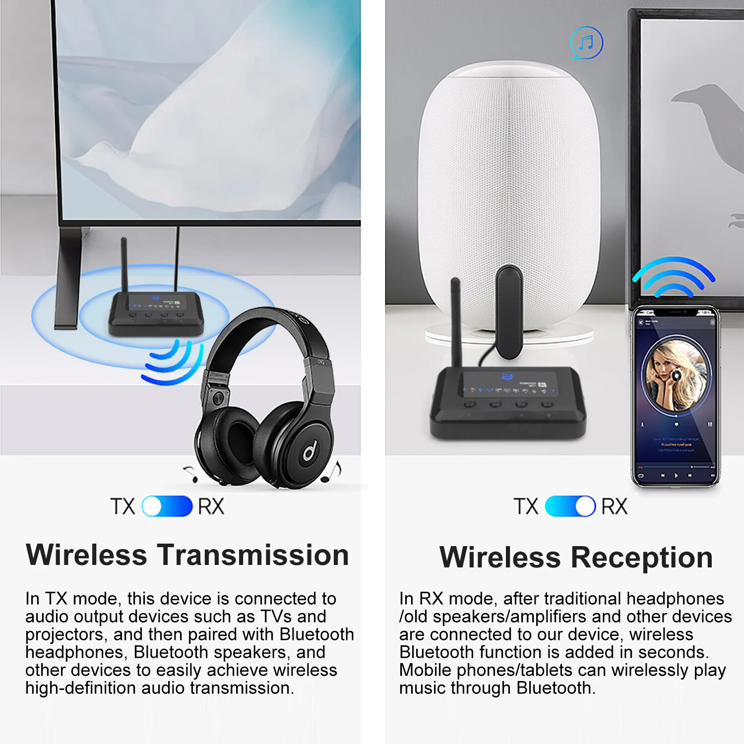 Aptx Adaptive Bluetooth 5.2 Audio Transmitter Receiver Dual Mode Optical, Coaxial, Aux 3.5m Bypass Four Synchronous Output