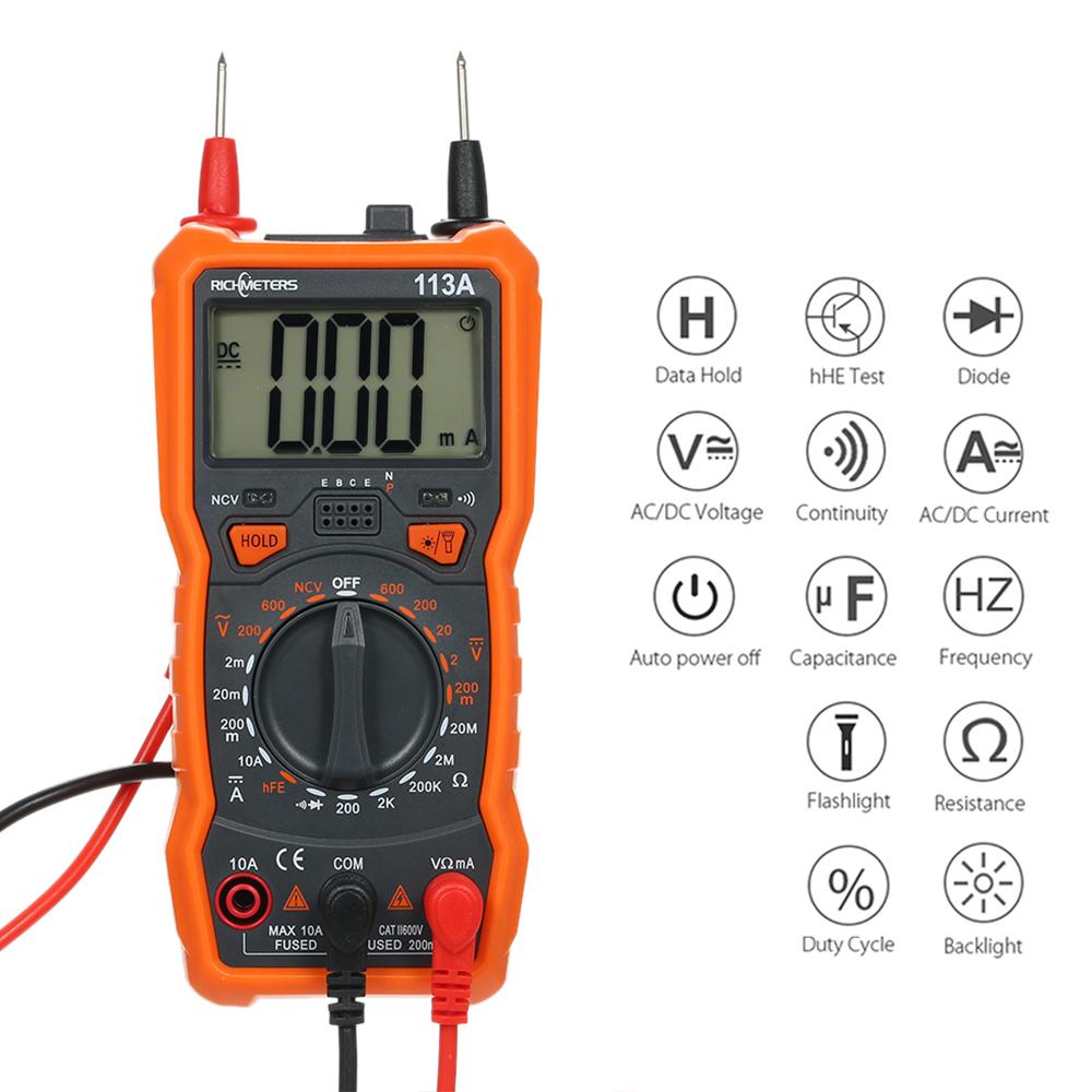 RICHMETERS RM113A NCV Digital Multimeter 2000 Counts HFE AC/DC Voltage Measuring Meter  with Magnetic Suction Flash Light Backlight Large Screen Multi-meter